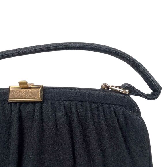 1950s Vintage Suede Handbag Gathered Fabric Clasp Gold Hardware Black VTG - Picture 3 of 14